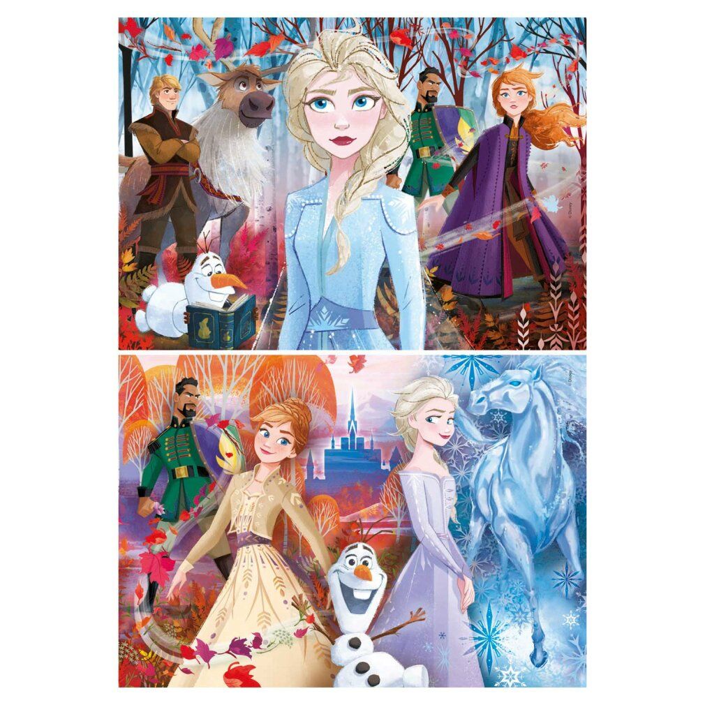 Due puzzle con immagini di Frozen 2. Ogni puzzle mostra personaggi. Età: 3+. Marchio Clementoni.