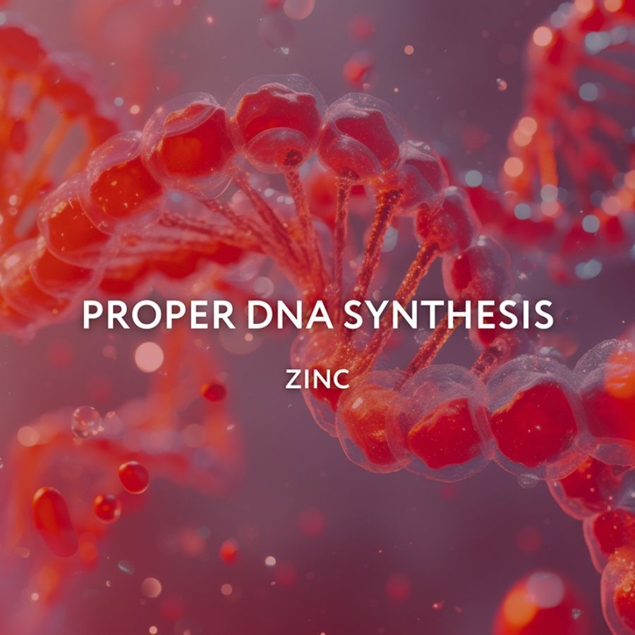 Testo: PROPER DNA SYNTHESIS, ZINC. Sfondo: immagine astratta rossa di una doppia elica di DNA.