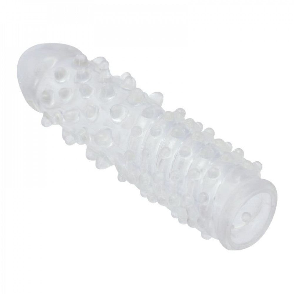Prolunga peniena trasparente con rilievi. In silicone. Modellata per il pene.