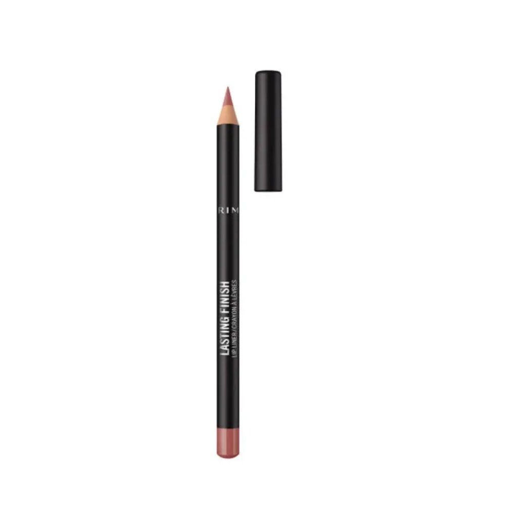 Matita labbra nude. Matita nera con testo stampato. Tappo accanto. Nome prodotto: Rimmel London Lasting Finish 8h Lip Liner.