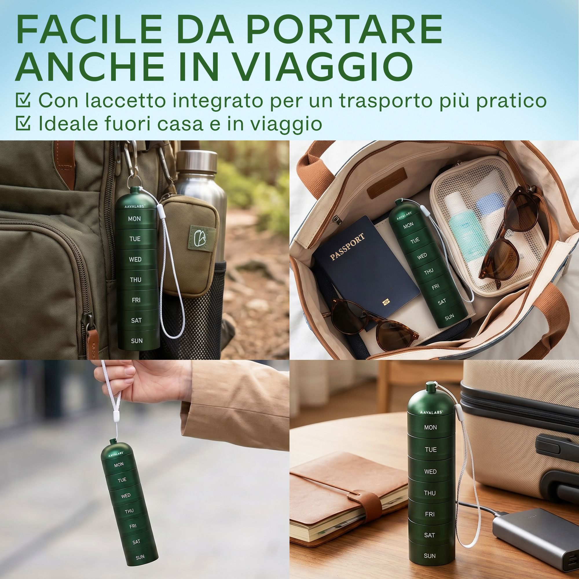 Portapillole verde a 7 scomparti, mostrato in vari scenari di viaggio.