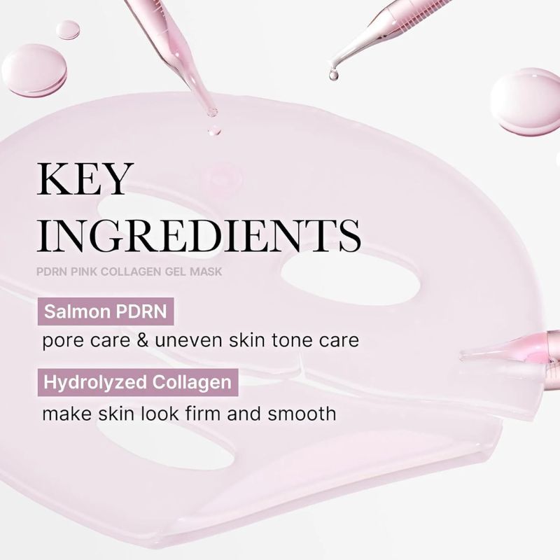 Medicube PDRN Pink Collagen Gel Mask con contagocce e gocce, ingredienti chiave evidenziati.