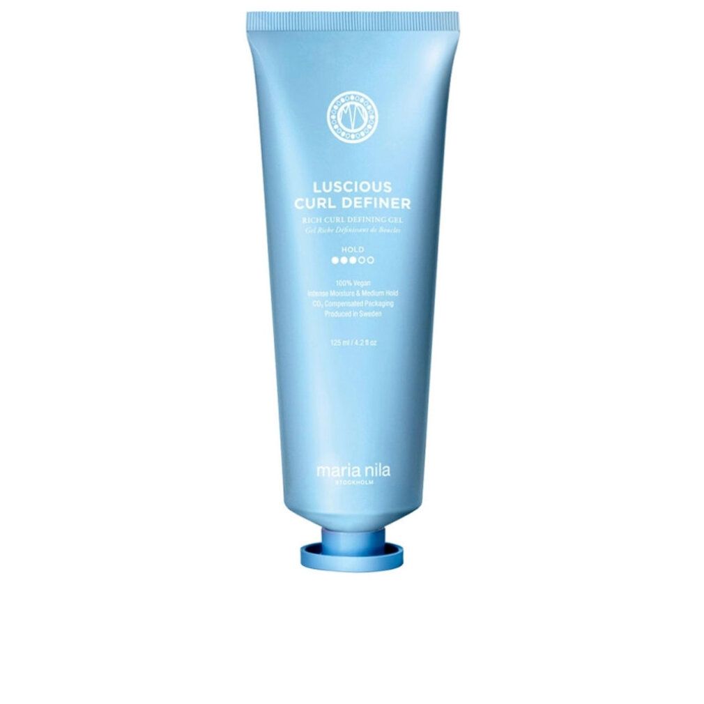 Tubo blu chiaro con testo: Luscious Curl Definer, Maria Nila. Stampe e loghi.