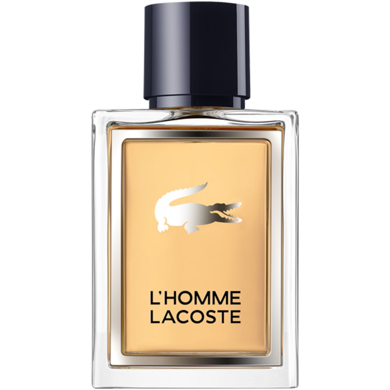 Flacone rettangolare di L'Homme Lacoste. Vetro dorato, tappo nero. Logo coccodrillo e scritta L'Homme Lacoste.