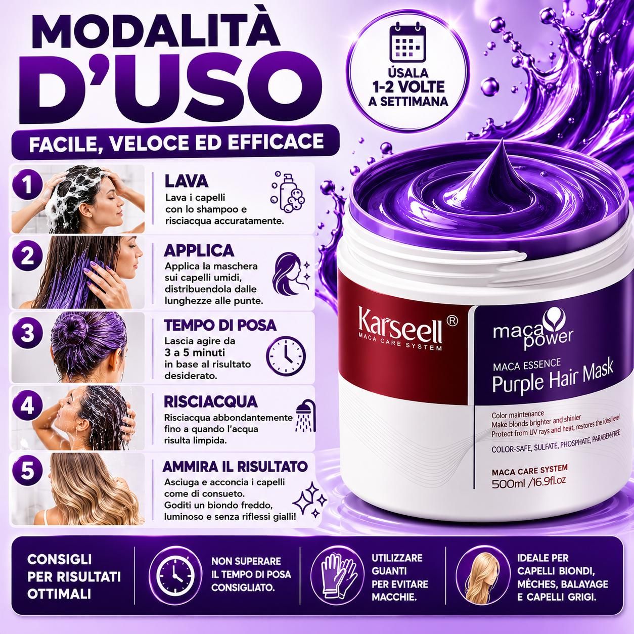 KARSEELL Maschera Capelli Viola Toner Biondi Platino Decolorati Grigi Bianchi Antigiallo