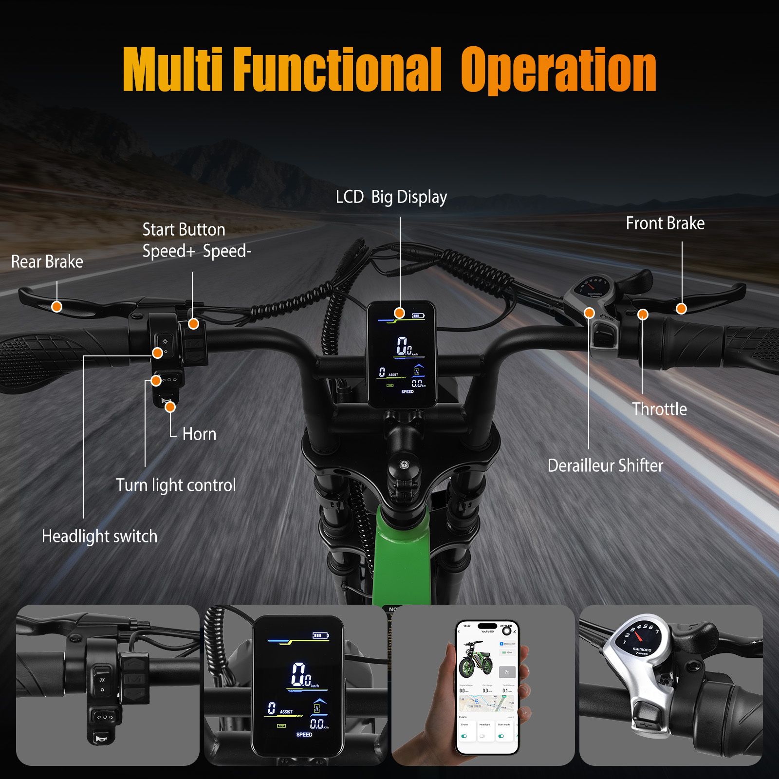 Manubrio e-bike con comandi: avvio, velocità, luce, clacson, freccia, acceleratore, cambio. Display digitale.