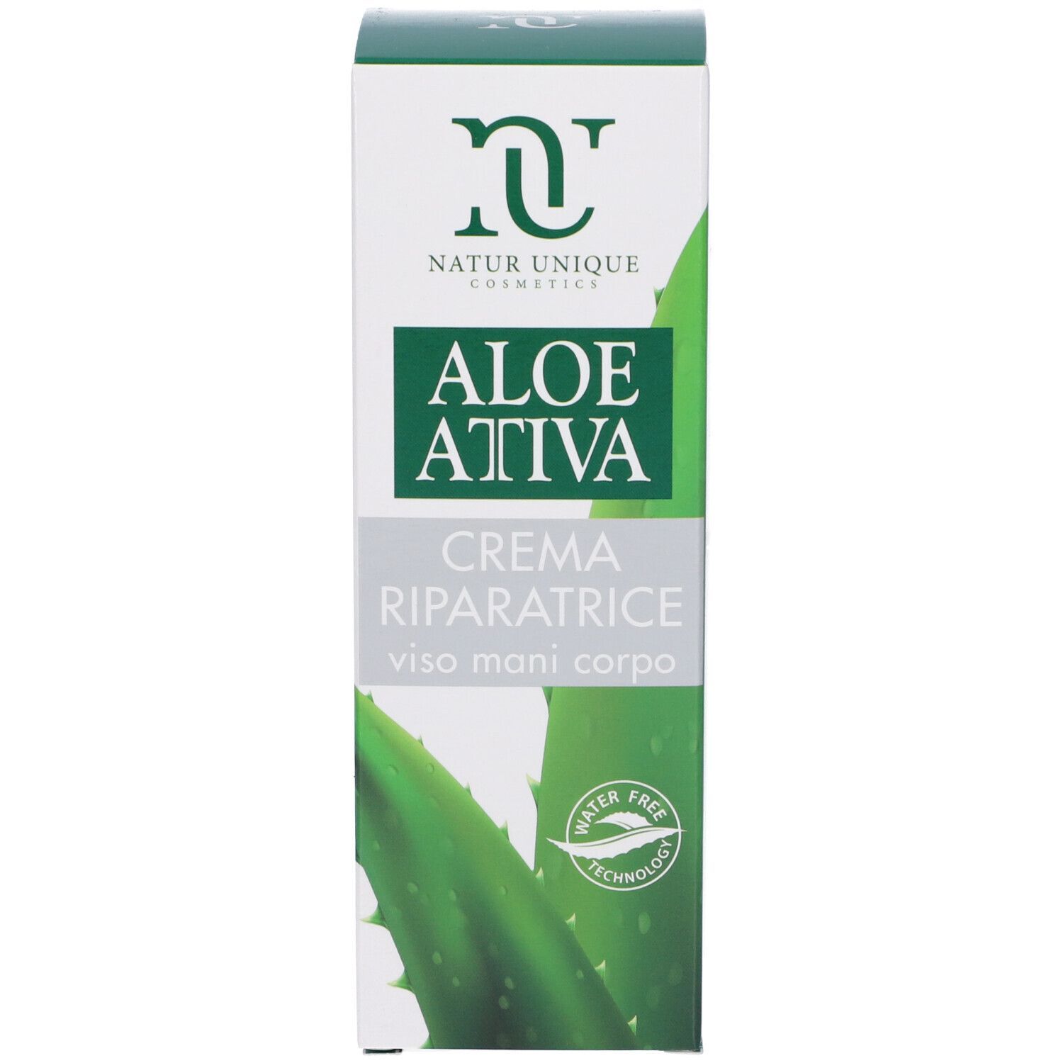 Scatola con scritta: Aloe Ativa Crema Riparatrice. Confezione verde e bianca. Logo Natur Unique Cosmetics. Illustrazione foglia di aloe.