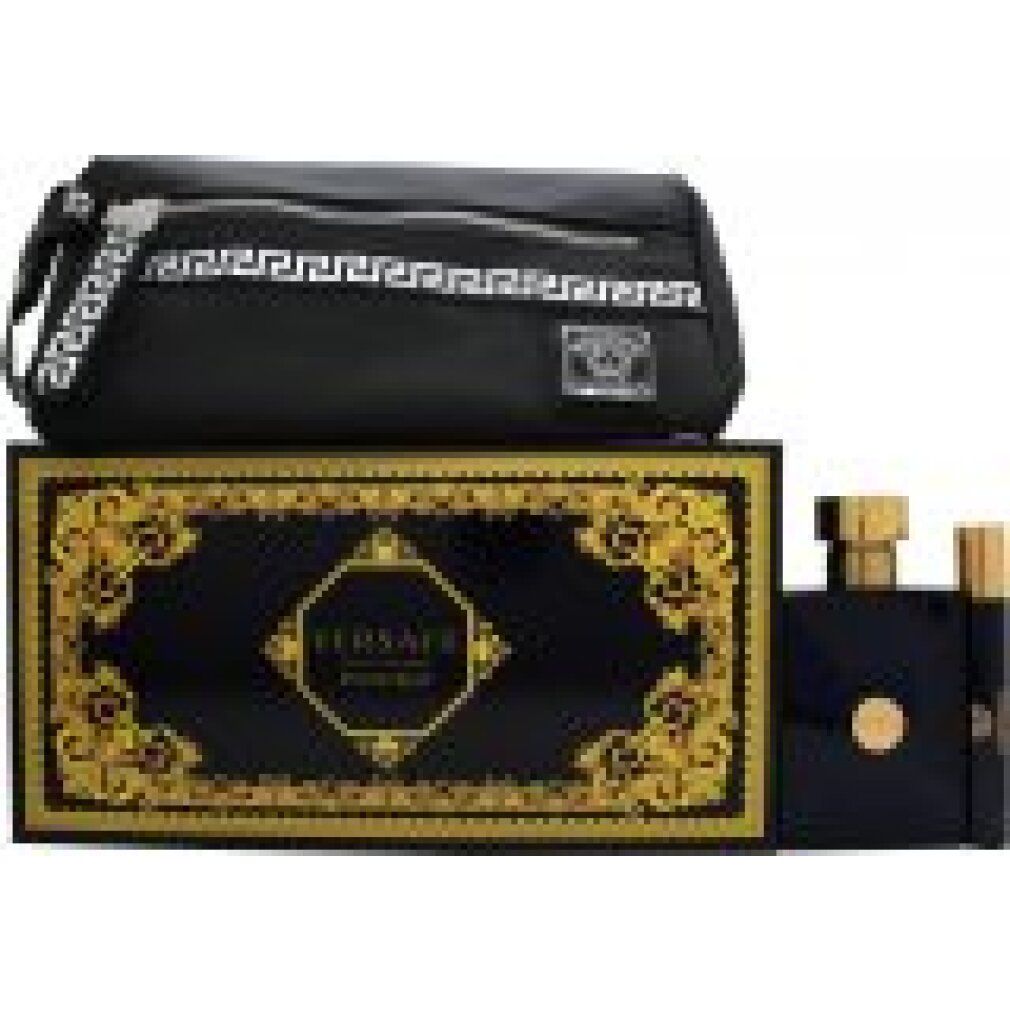 Set profumo con bottiglia blu, vaporizzatore e trousse nera. Confezione con decorazioni dorate e logo del marchio.