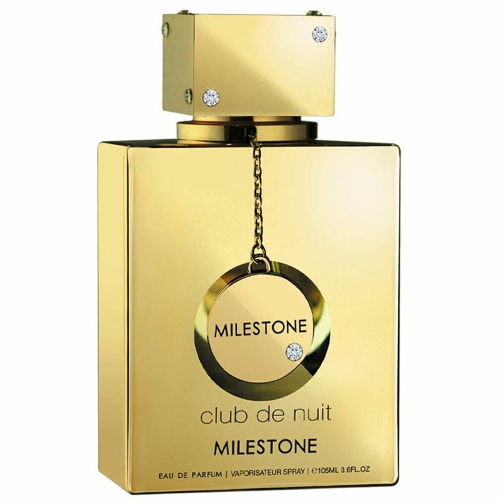 Flacone dorato di forma quadrata. Scritta 'Club de Nuit Milestone'. Flacone con pendente e strass.