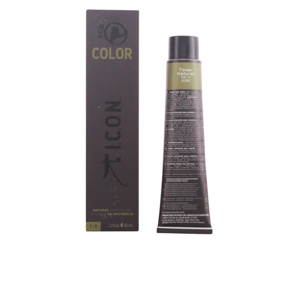 Tubo e scatola di tinta per capelli. Sulla scatola si legge "COLOR" e "ICON". Sul tubo è scritto "Toner Natural".