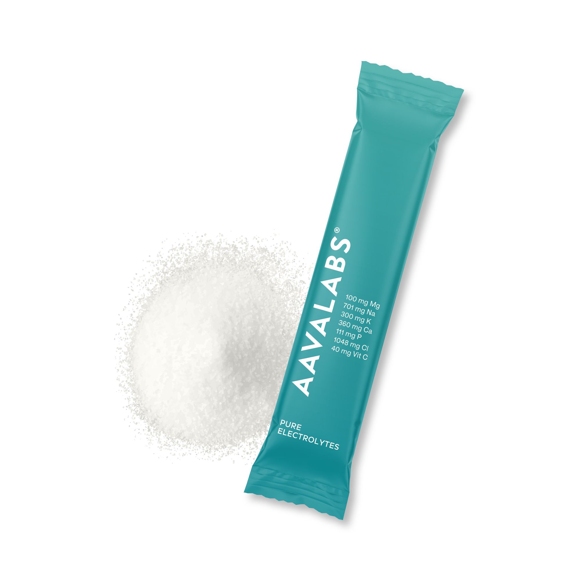 Stick di elettroliti AAVALABS con mucchio di polvere e informazioni nutrizionali.