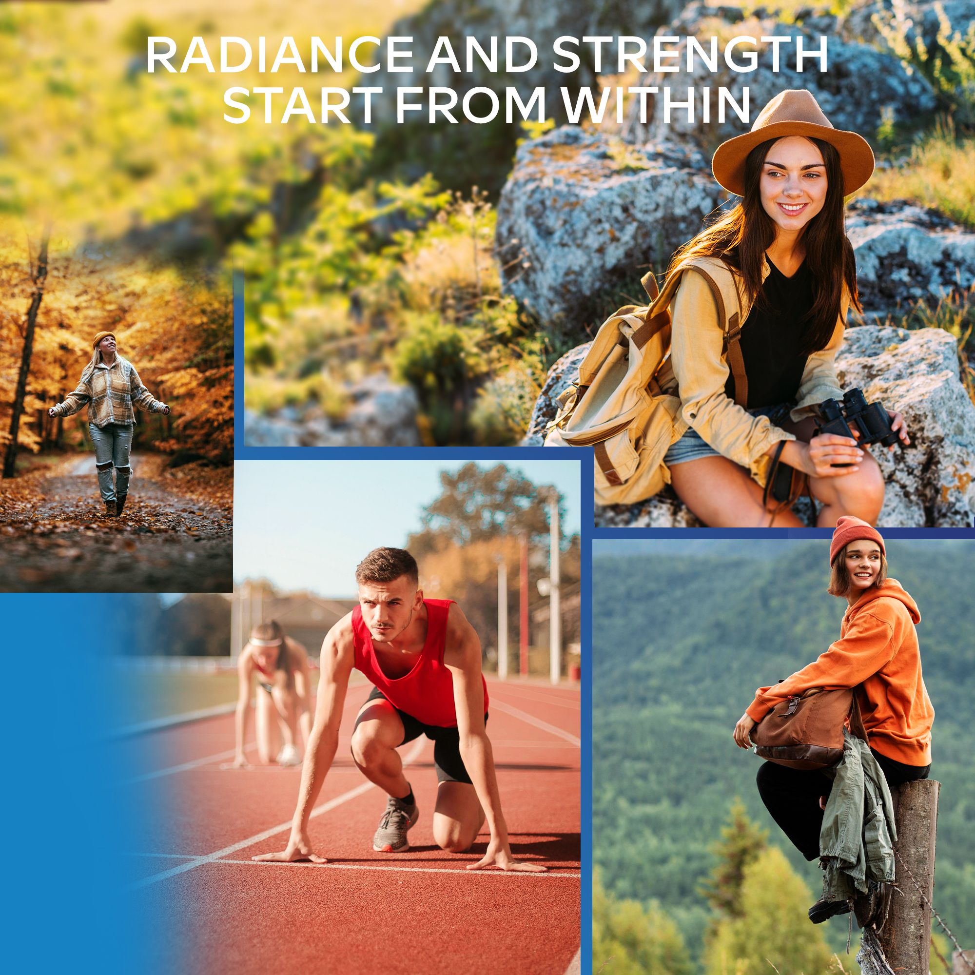 Collage di persone nella natura. Una donna cammina, una donna è seduta, un uomo corre. Testo: Radiance and strength start from within.
