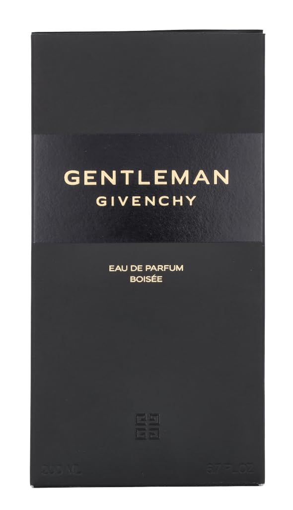 Confezione rettangolare nera con scritta dorata "GENTLEMAN GIVENCHY". "EAU DE PARFUM BOISÉE" sotto. In basso: 200 ml e 6.7 FL. OZ.