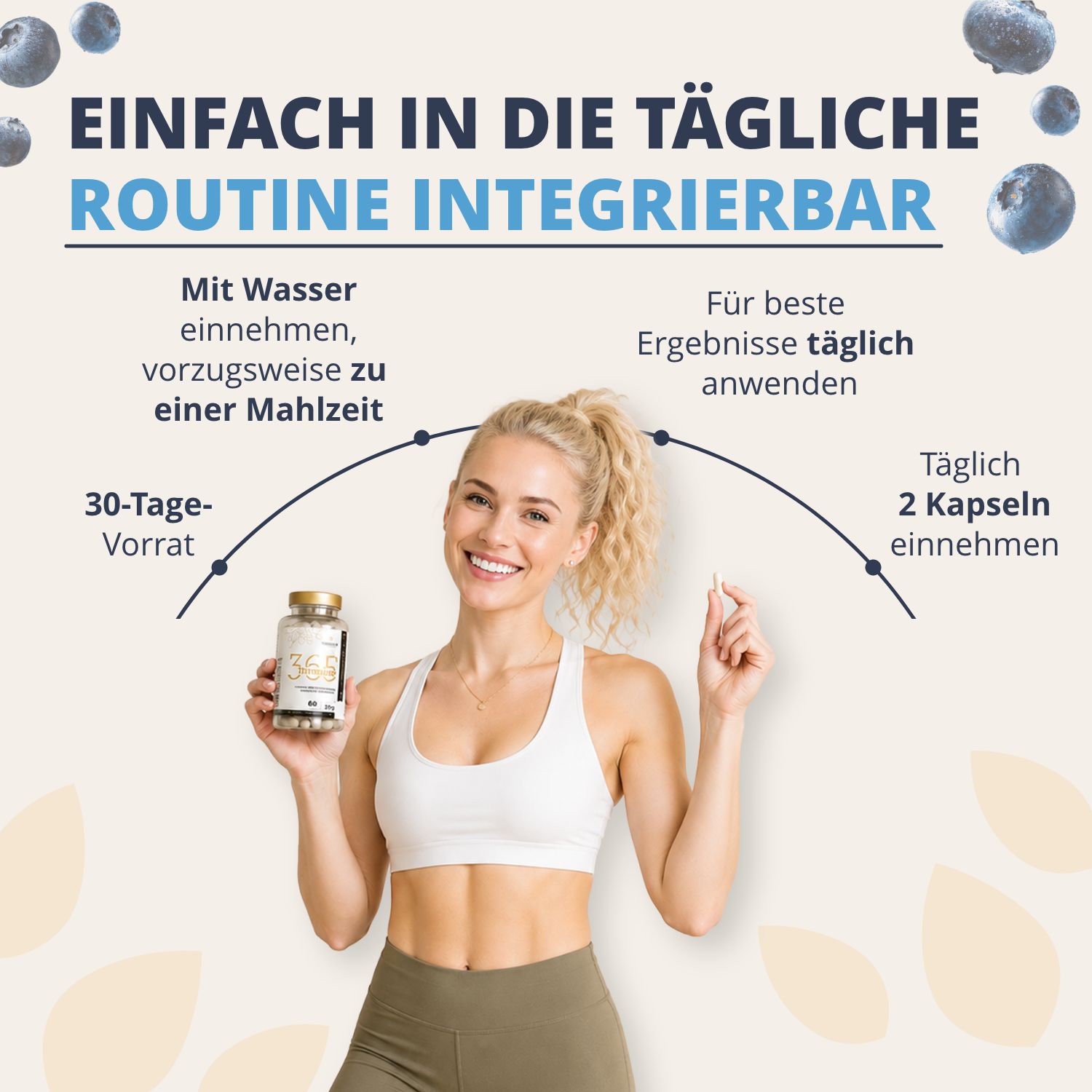 Donna tiene flacone Immuno365, integrato nella routine quotidiana, 2 capsule al giorno.