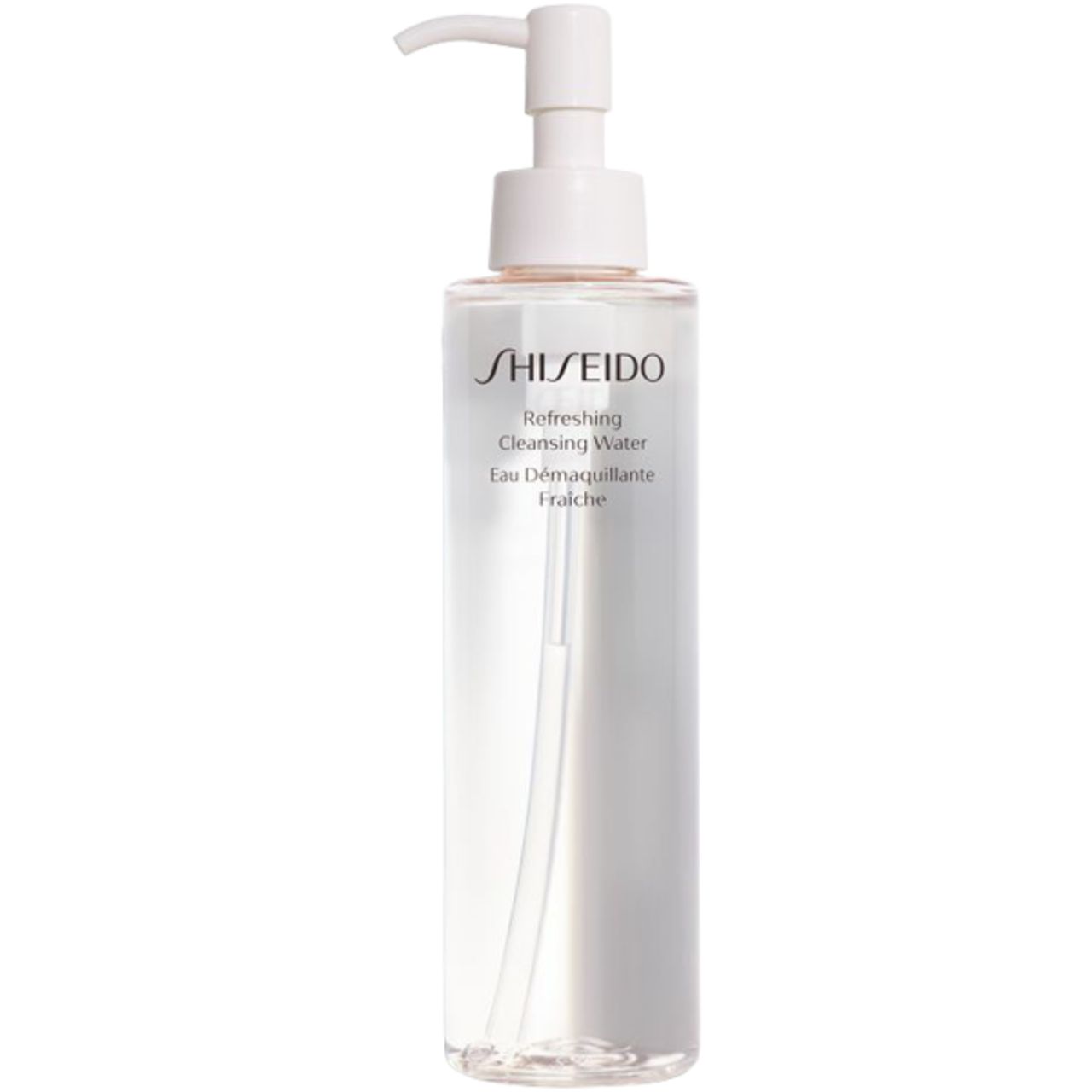 Flacone trasparente con erogatore bianco. Scritta: Shiseido, Refreshing Cleansing Water, Eau Demaquillante Fraiche.