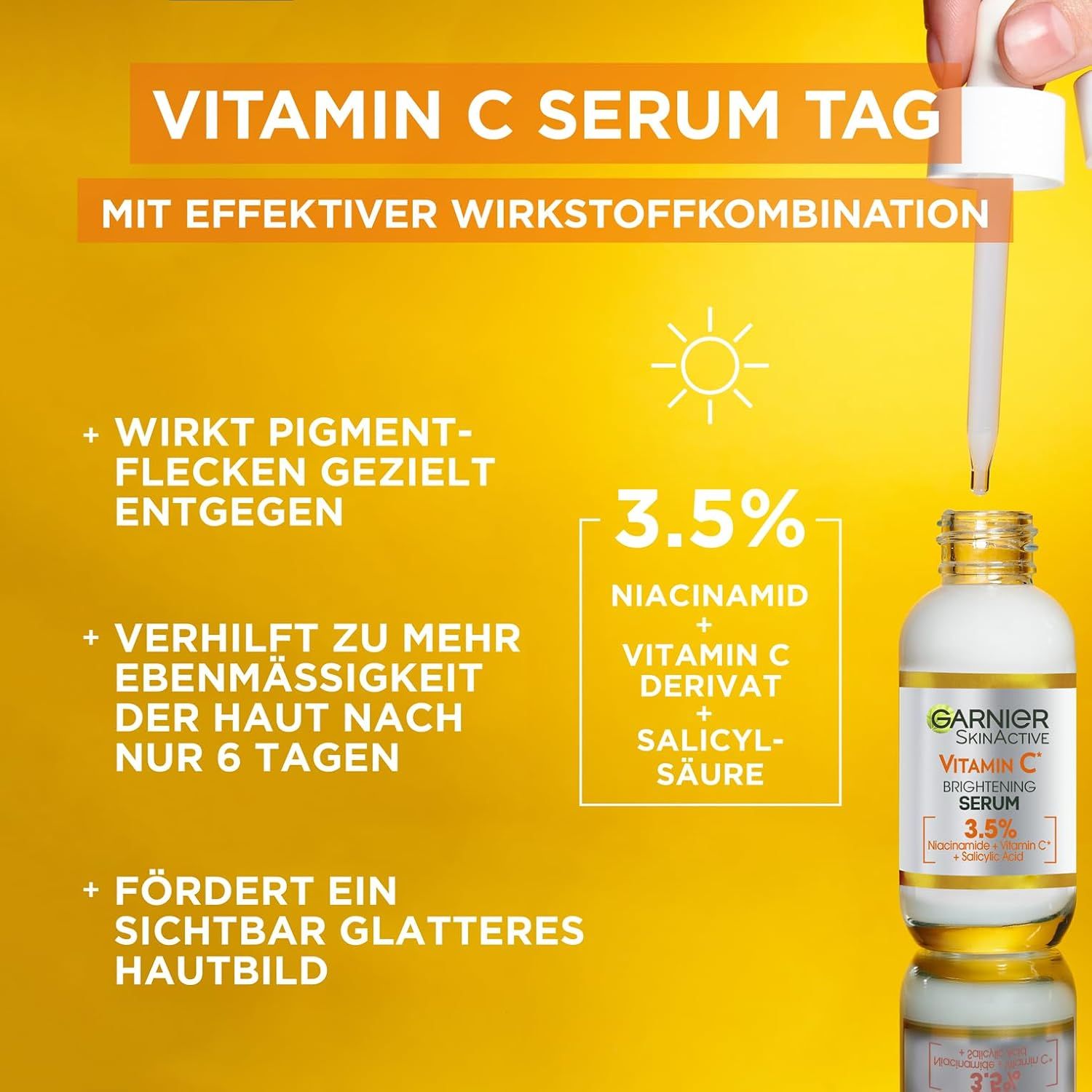 Siero Illuminante Garnier SkinActive Vitamina C. Flacone bianco con pipetta. Contiene 3,5% Niacinamide, derivato Vitamina C.