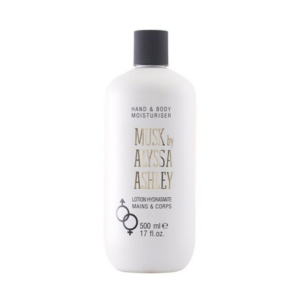 Flacone bianco con tappo nero. Scritta: Musk by Alyssa Ashley, Hand & Body Moisturiser. 500 ml.