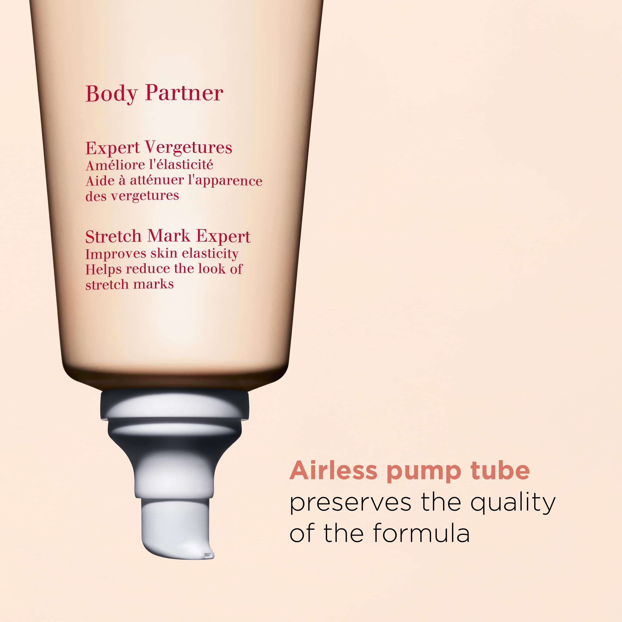 Clarins Body Partner Expert Vergetures. Tubo con pompa airless. Testo: Migliora l'elasticità della pelle, riduce le smagliature.