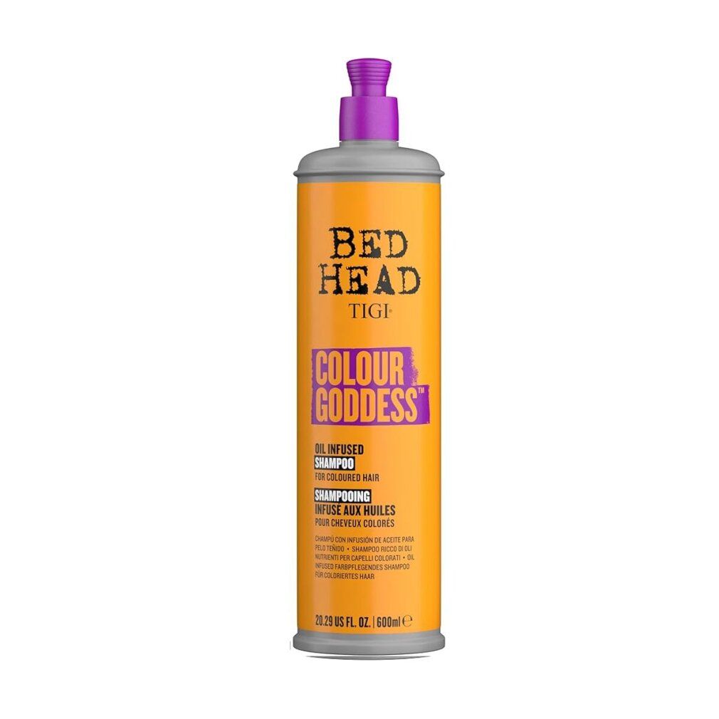 Flacone di shampoo arancione-giallo con tappo viola. Scritta: Bed Head Tigi Colour Goddess. Shampoo all'olio per capelli colorati.