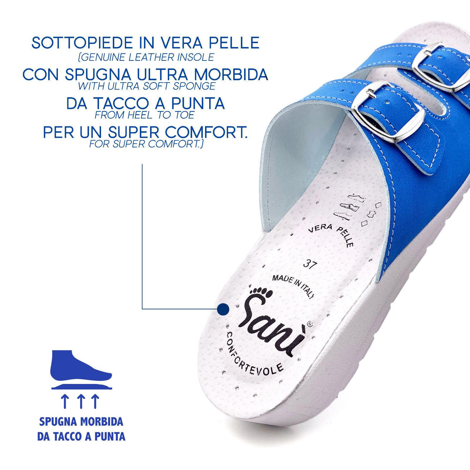 Sandalo blu con sottopiede in pelle e suola in spugna morbida. Marchio Sanì, taglia 37.