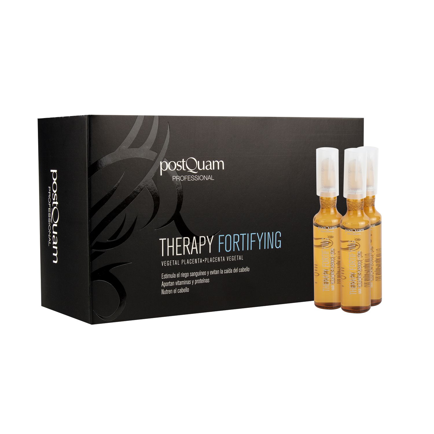 Confezione nera con fiale. Logo "postQuam" e testo "THERAPY FORTIFYING". Placenta vegetale. 3 fiale.