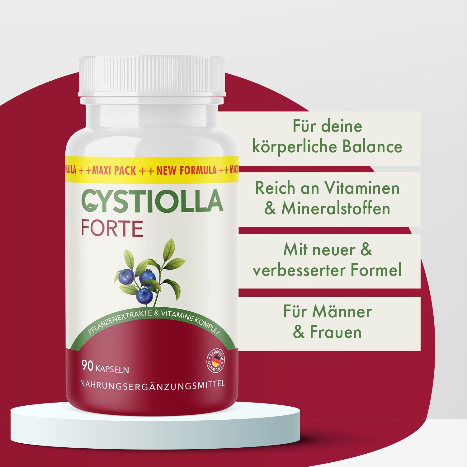 Flacone di pillole bianco con etichetta rossa e nome del prodotto. Campi di testo con informazioni sul prodotto. Sfondo rosso.