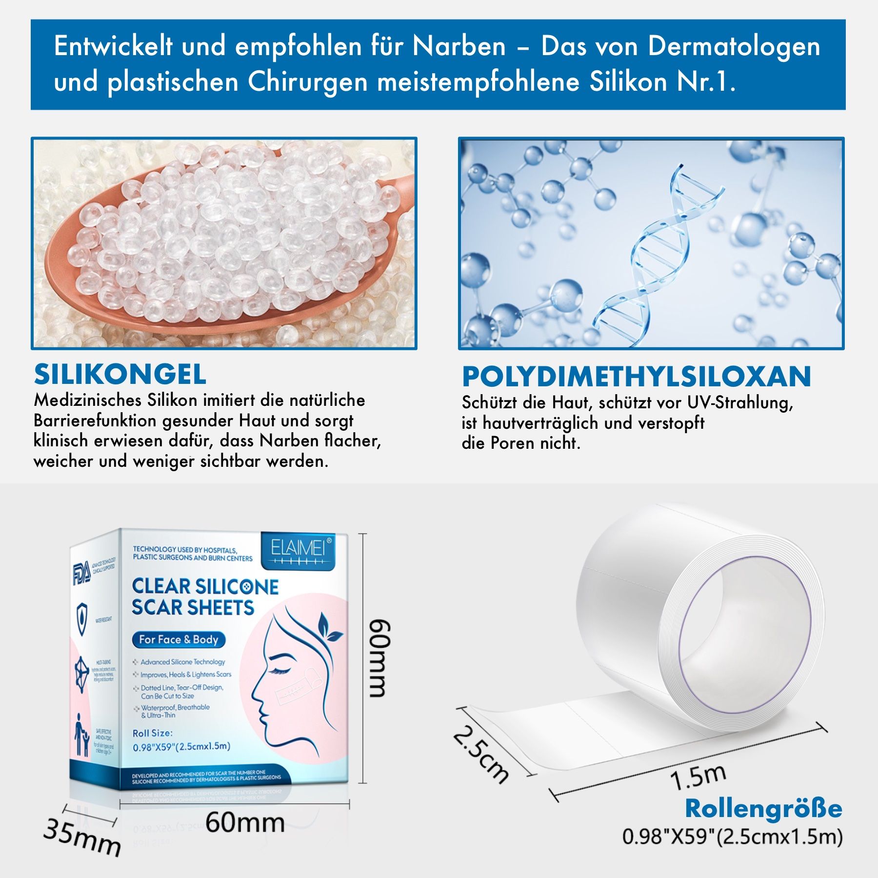 Rotolo di prodotto, confezione e diagramma. Testo: Sviluppato per le cicatrici. ELAIMEI Clear Silicone Scar Sheets. Dimensioni.