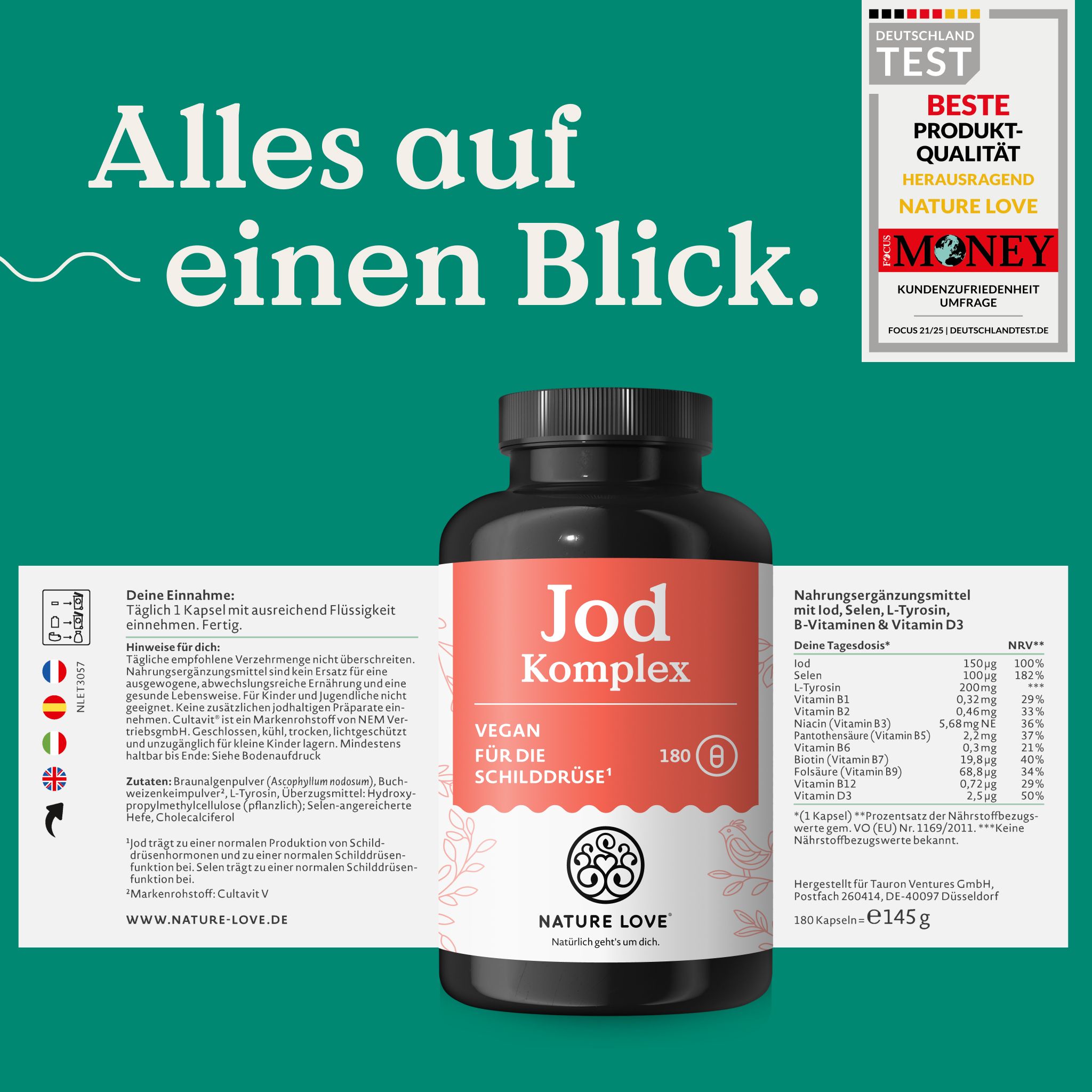 Flacone 'Jod Komplex'. Contiene informazioni nutrizionali e raccomandazioni d'uso. 180 capsule.