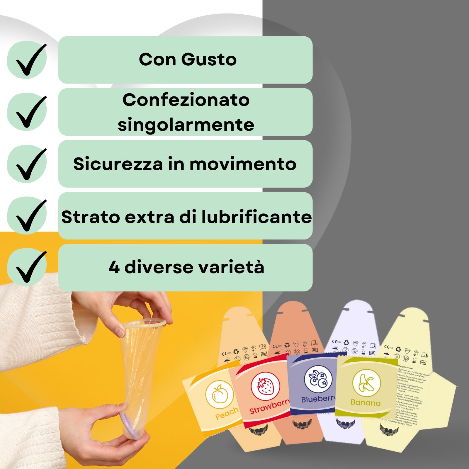 Preservativi aromatizzati. Confezionati singolarmente. Strato extra di lubrificante. 4 gusti. Mano.