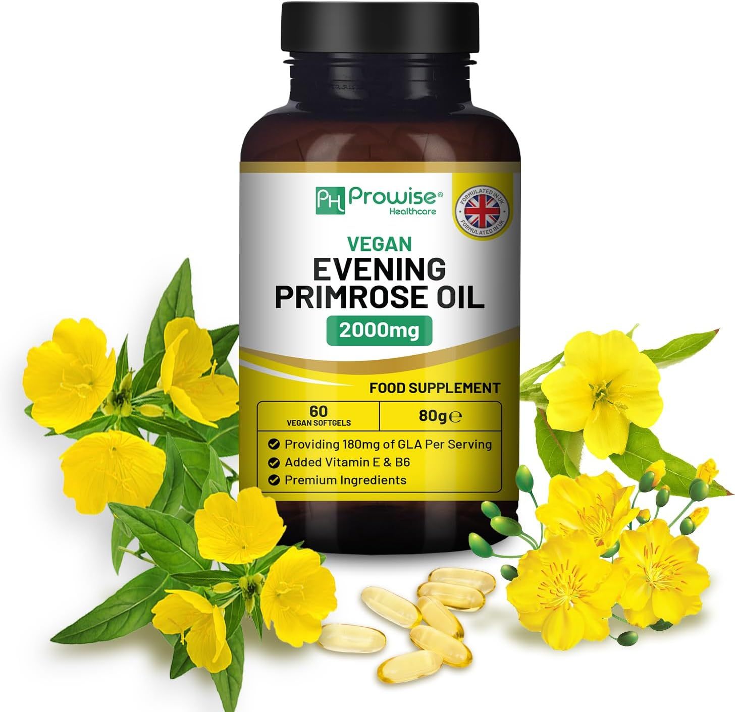 Flacone marrone di Prowise Veganes Nachtkerzenöl Softgels. Scritta: Vegan Evening Primrose Oil 2000mg. 60 capsule. Con fiori.