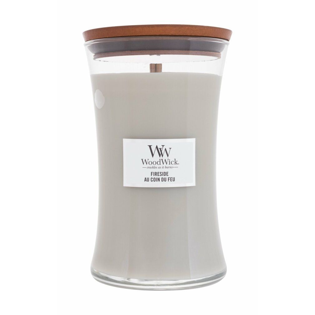 Candela in vetro con coperchio in legno. Etichetta con logo e scritta 'Fireside'.