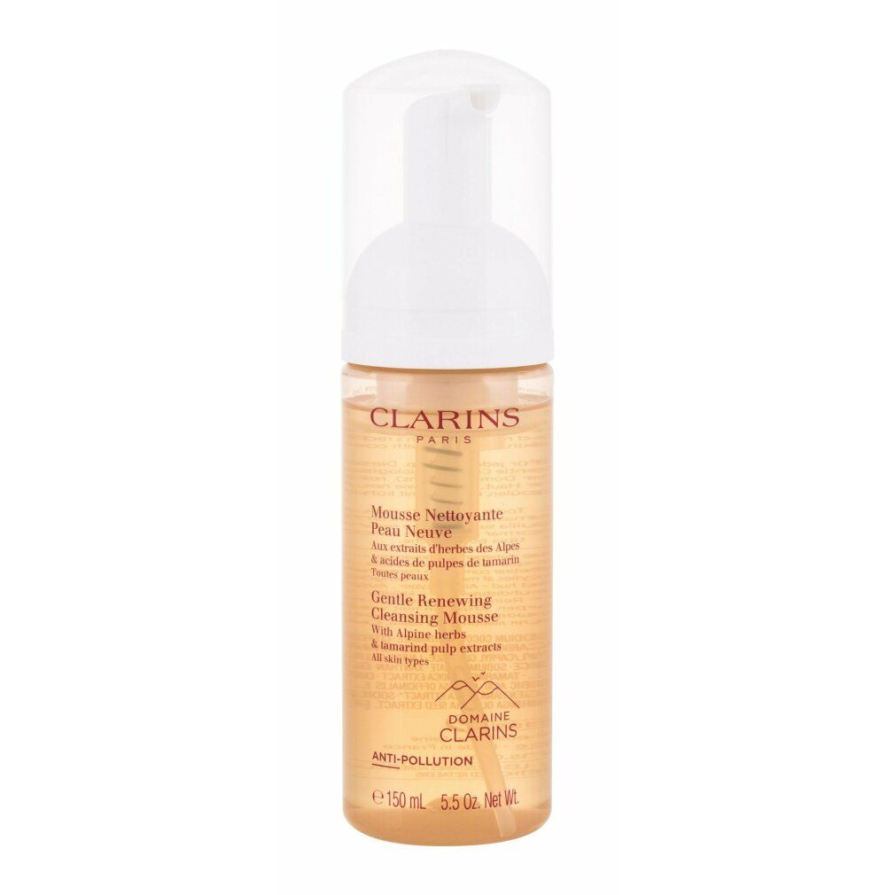 Clarins Gentle Renewing Cleansing Mousse. Flacone con erogatore a pompa. Liquido giallastro visibile. Testo sull'etichetta.