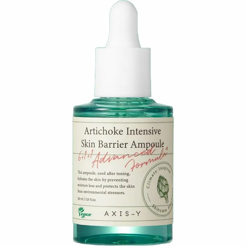 Flacone di siero. Scritta: Artichoke Intensive Skin Barrier Ampoule. AXIS-Y. 30 ml / 1.01 fl.oz. Logo vegano.