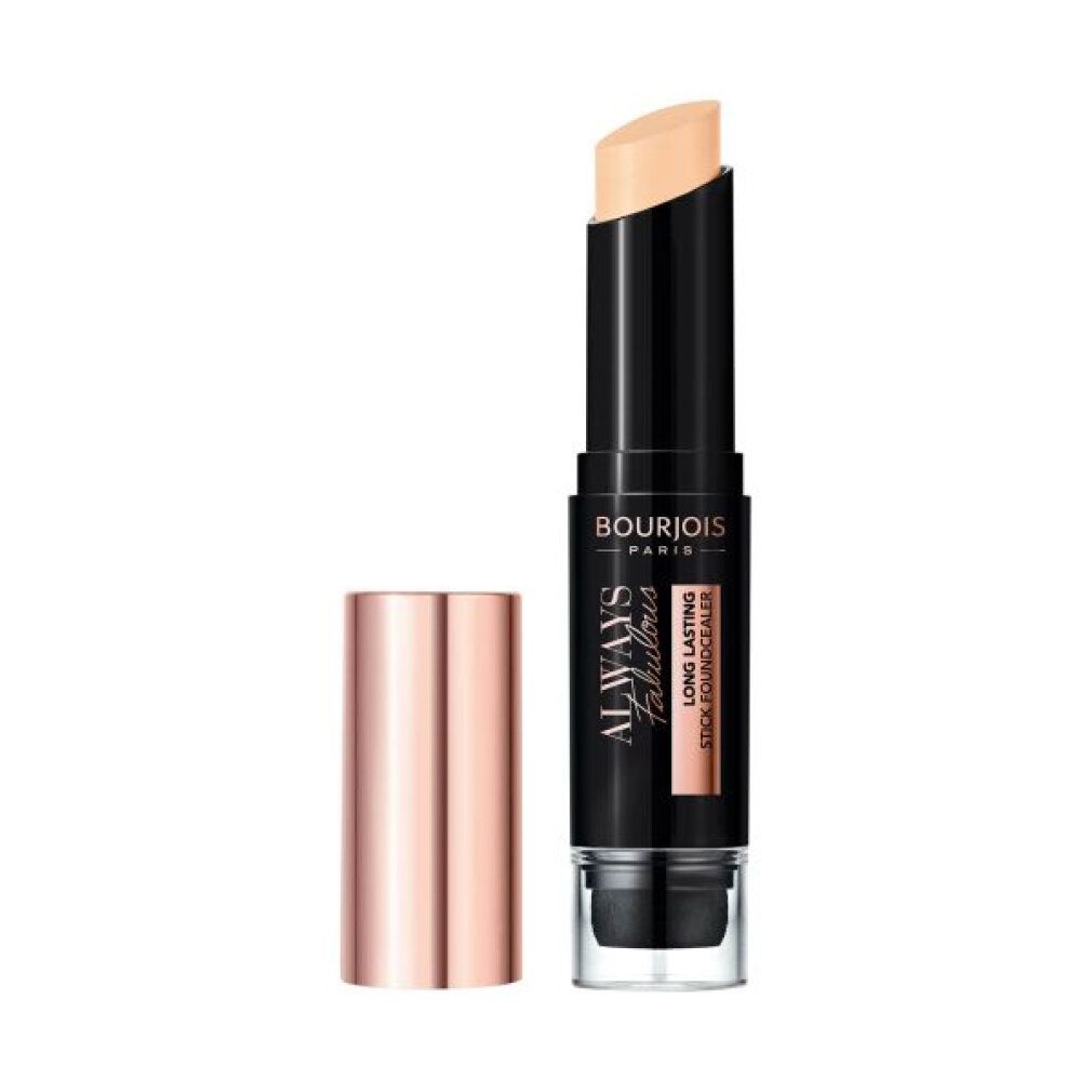 Stick fondotinta Bourjois Always Fabulous. Tappo oro rosa. Prodotto aperto. Nome e marchio visibili.