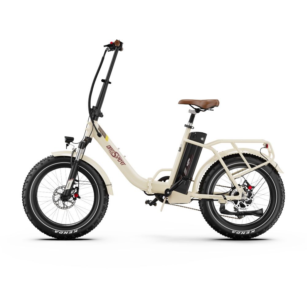 E-bike pieghevole crema, sella marrone, pneumatici neri. Marchio ONESPORT. Con portapacchi e batteria.