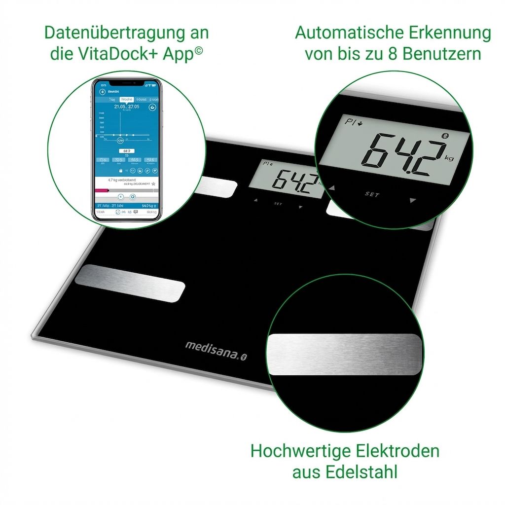 Bilancia di analisi corporea nera con elettrodi argentati, display LCD e visualizzazione app smartphone.