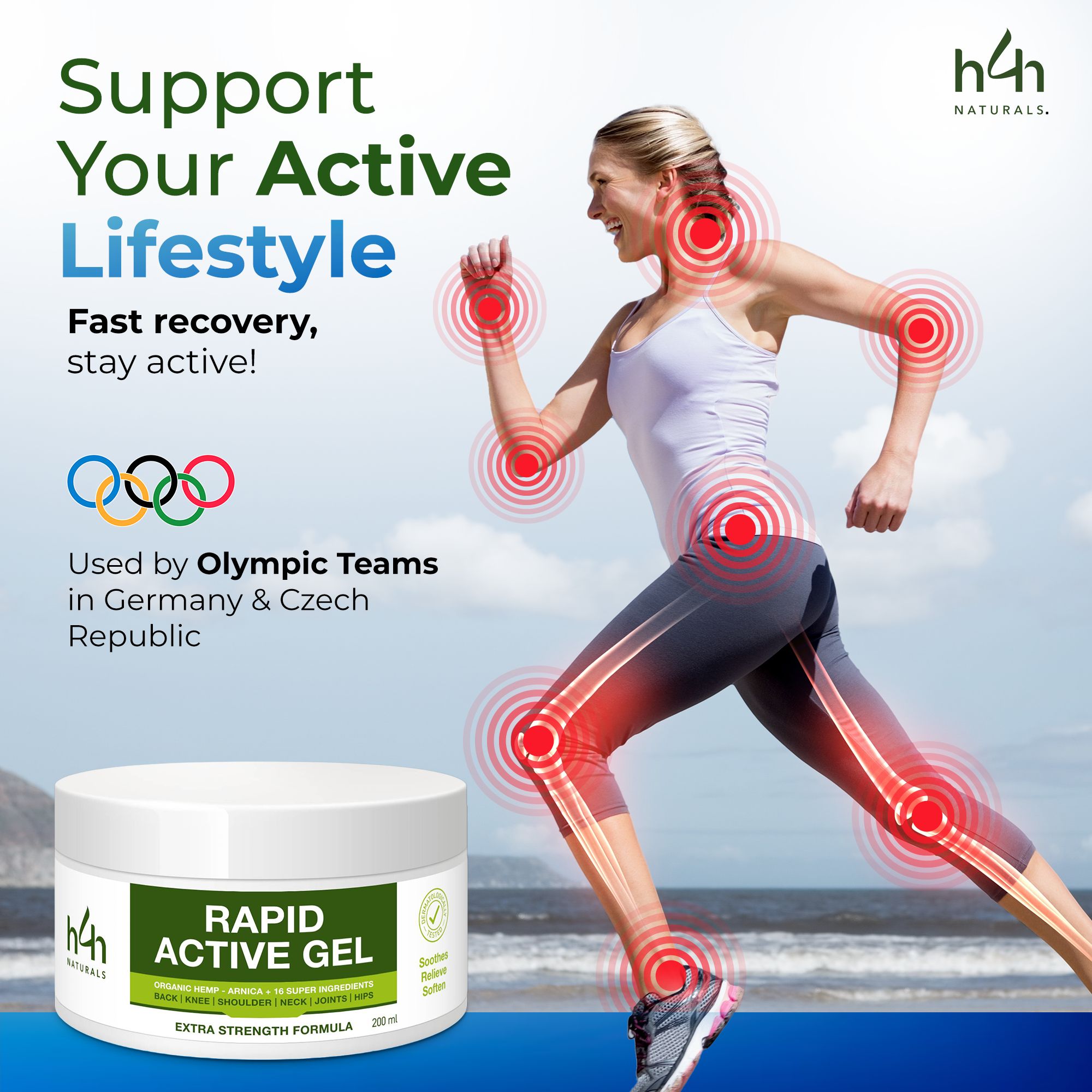 Vasetto bianco con etichetta verde. Testo: Rapid Active Gel. Donna che corre. Cerchi rossi intorno alle articolazioni. Anelli olimpici.