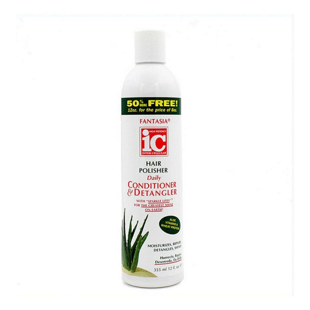 Flacone bianco con testo rosso e nero. Contiene aloe vera. Scritta: Hair Polisher Conditioner & Detangler.