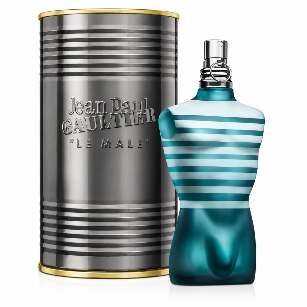 Flacone Jean Paul Gaultier Le Male Eau de Toilette accanto alla sua lattina cilindrica in metallo con nome del marchio.