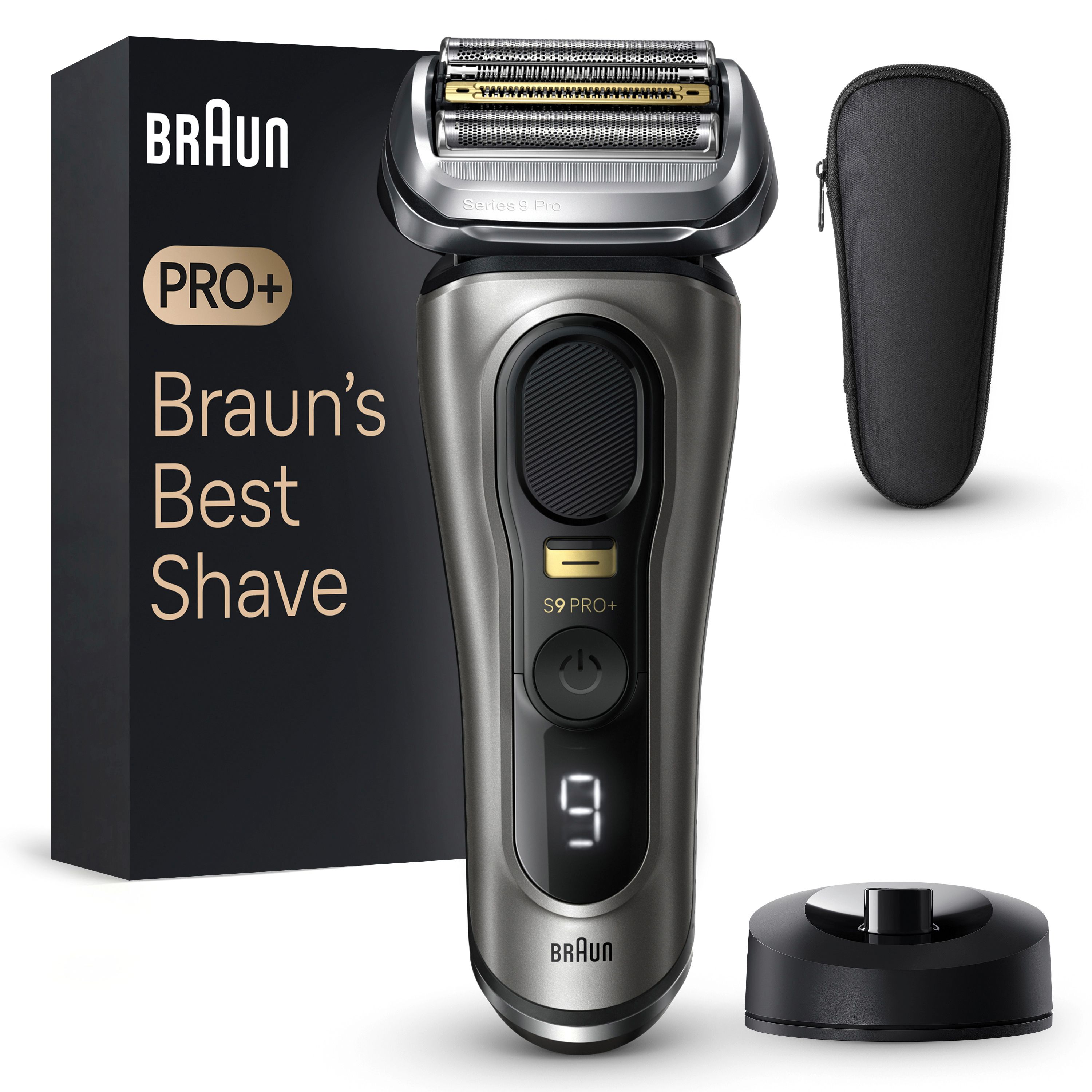Rasoio elettrico Braun Series 9 Pro+. Nero, con stazione di ricarica, custodia. Display digitale. Confezione.