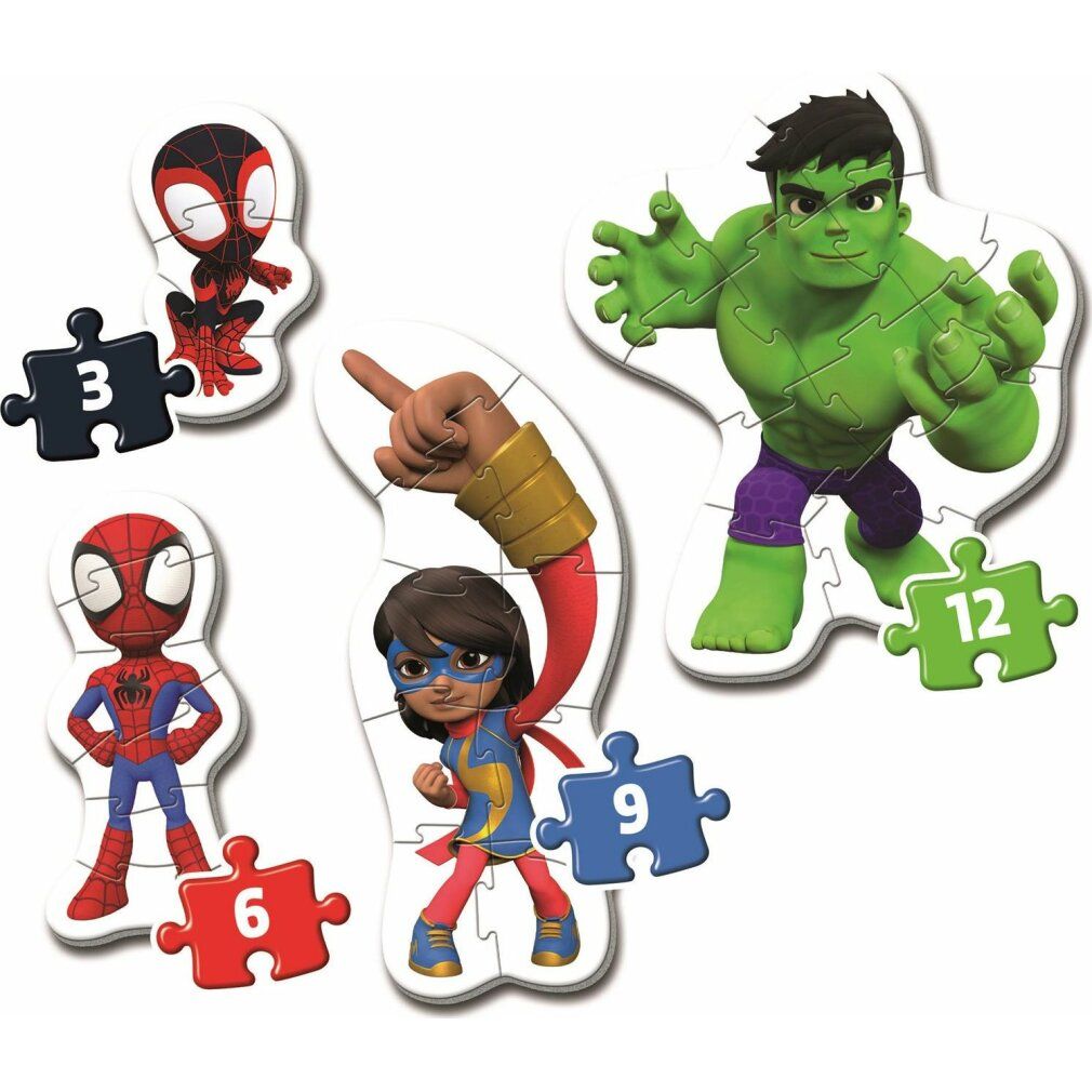Pezi puzzle con personaggi Marvel: Spidey, Miles Morales, Ms. Marvel e Hulk. Pezzi numerati 3, 6, 9 e 12.