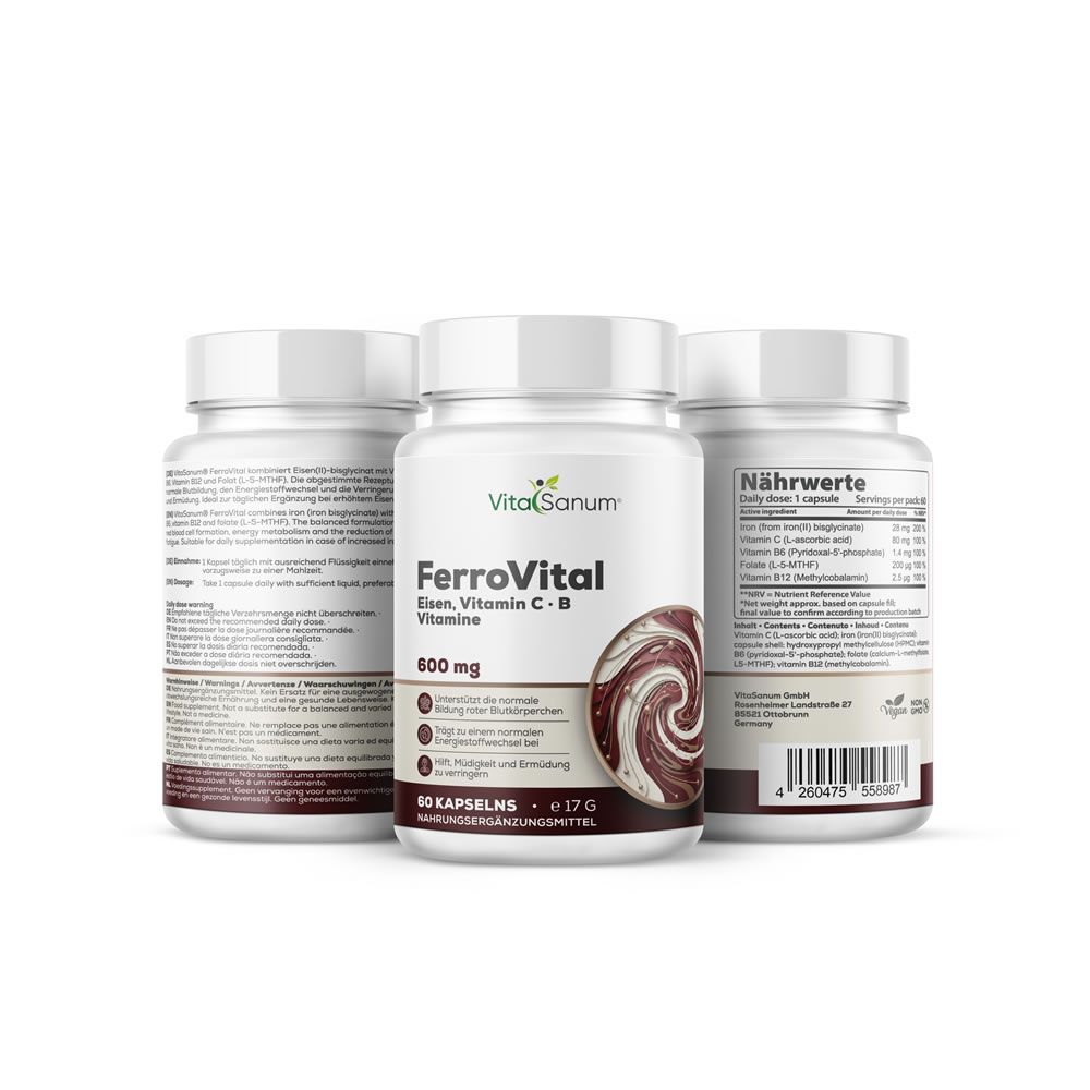 Tre flaconi bianchi VitaSanum FerroVital. Scritta: Ferro, Vitamina C+B, 600 mg. 60 capsule. Integratore alimentare.