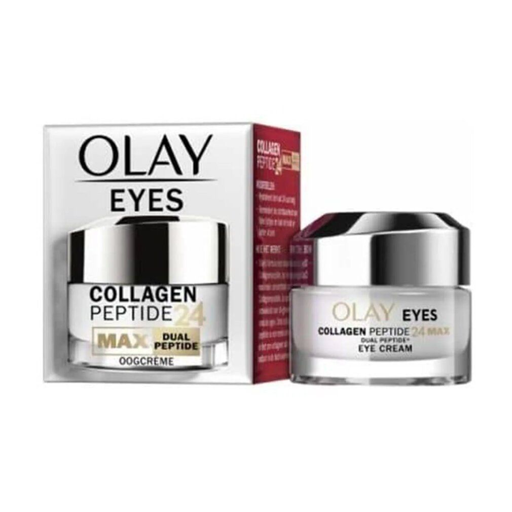 Olay Eyes Collagen Peptide 24 Max Crema Occhi. Prodotto e confezione. Vasetto bianco, coperchio argentato. Testo: Collagen Peptide 24 Max.