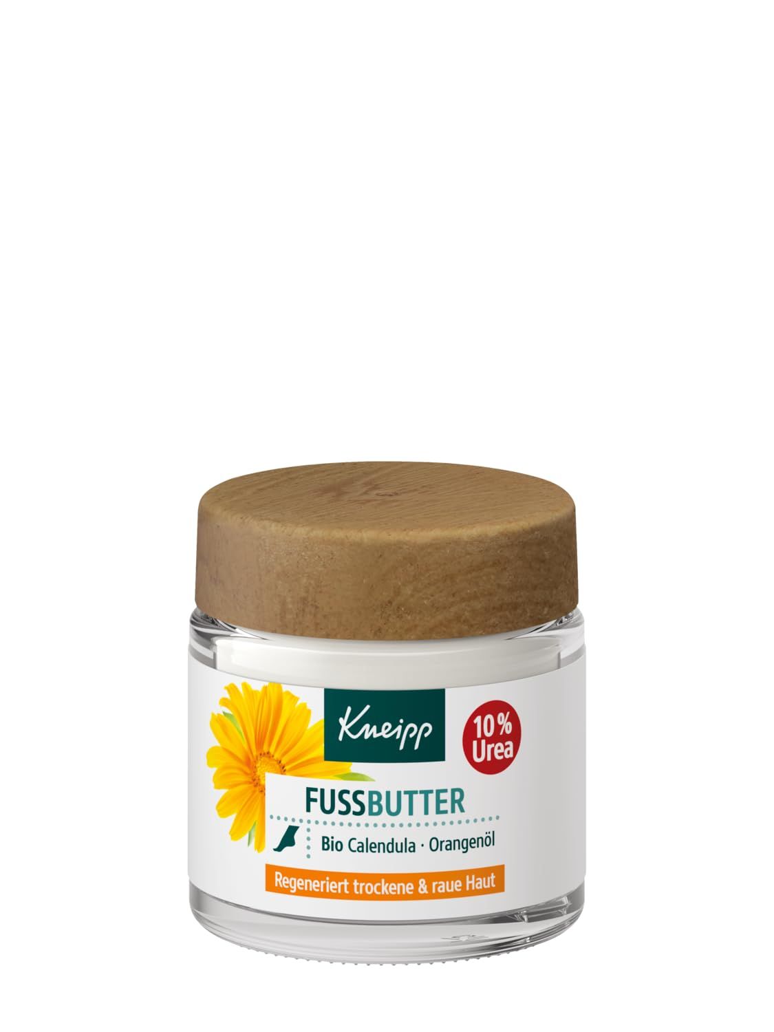 Vasetto di burro per i piedi con coperchio in legno. Scritta: Kneipp, Fussbutter, 10% Urea, Bio Calendula, Olio di arancia. Pelle secca e ruvida.