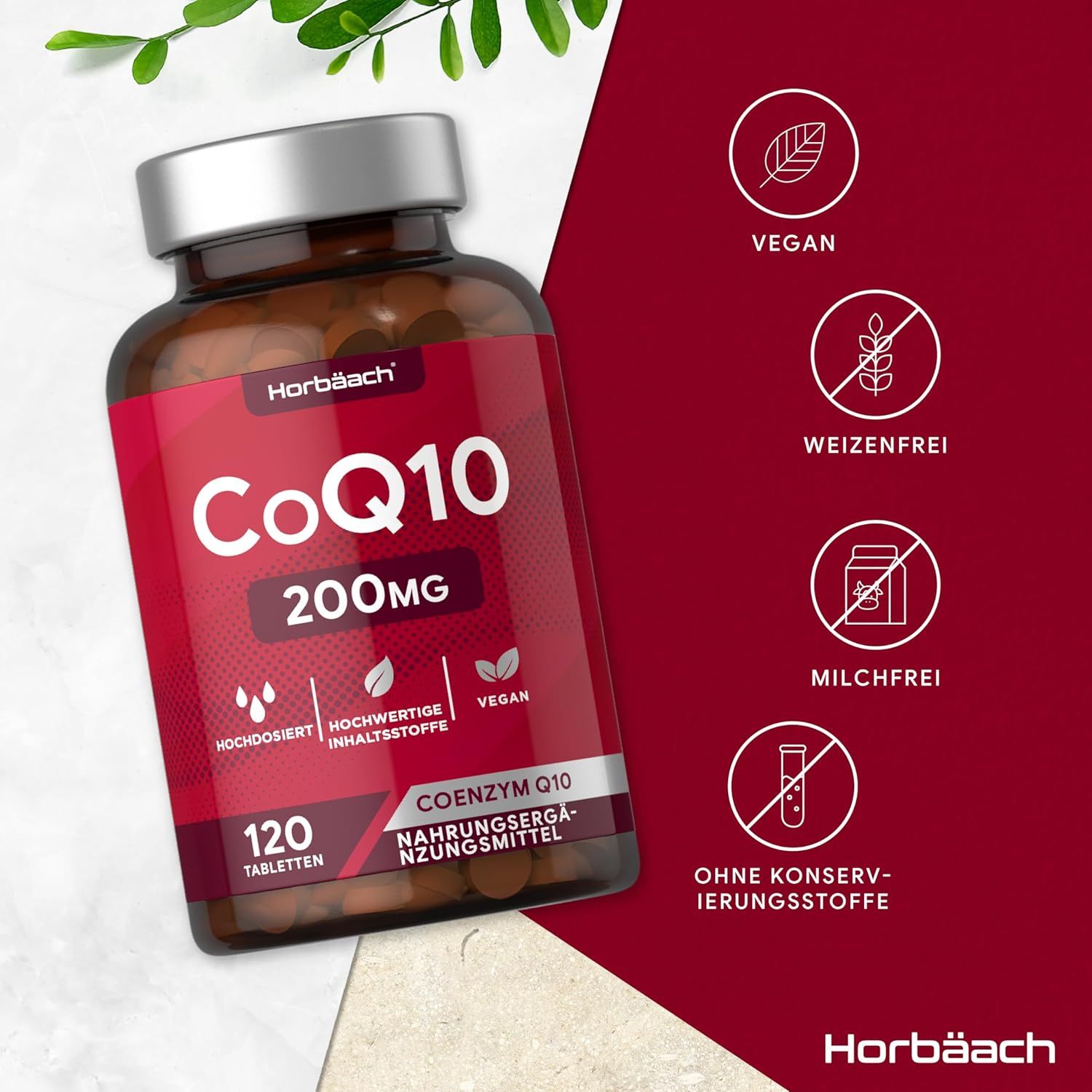 Bottiglia marrone con etichetta rossa. CoQ10 200mg, 120 compresse. Marchio: Horbaach. Vegano, senza glutine, senza lattosio, senza conservanti.