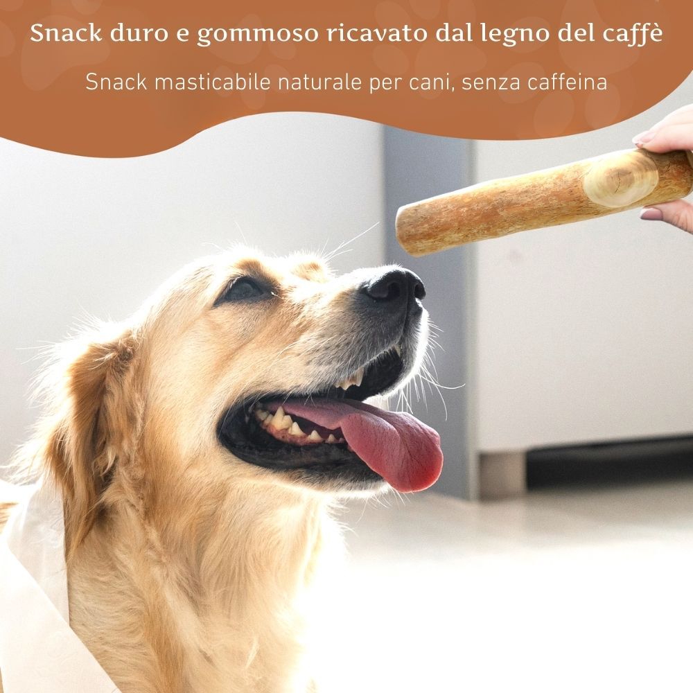 Golden Retriever con bastoncino masticabile in legno di caffè. Testo: Snack masticabile in legno di caffè robusto. Snack masticabile naturale, senza caffeina, per cani.