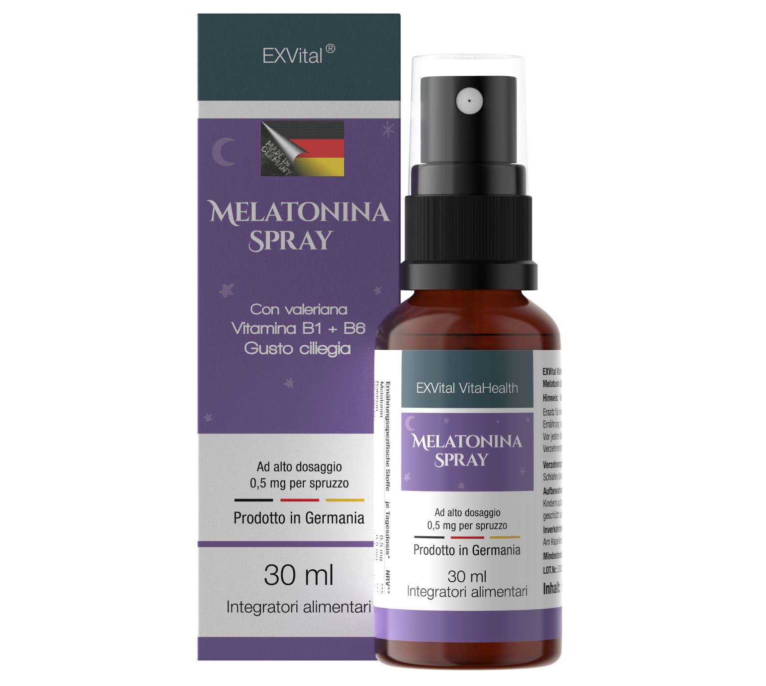 Flacone e confezione EXVital Melatonina Spray, versione italiana.