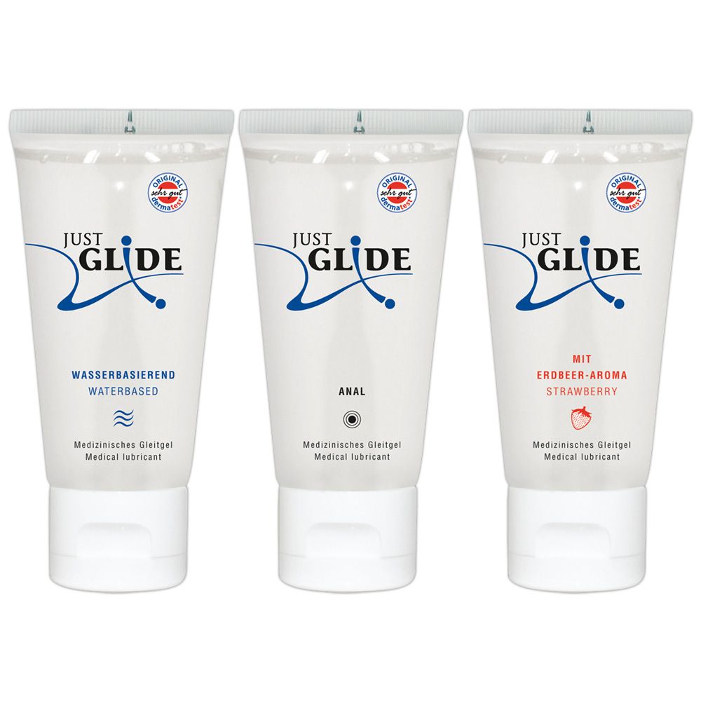 Tre tubi JUST GLIDE med.Gleitgel. A base d'acqua, anale, aroma fragola. Dispositivo medico. 200 ml.