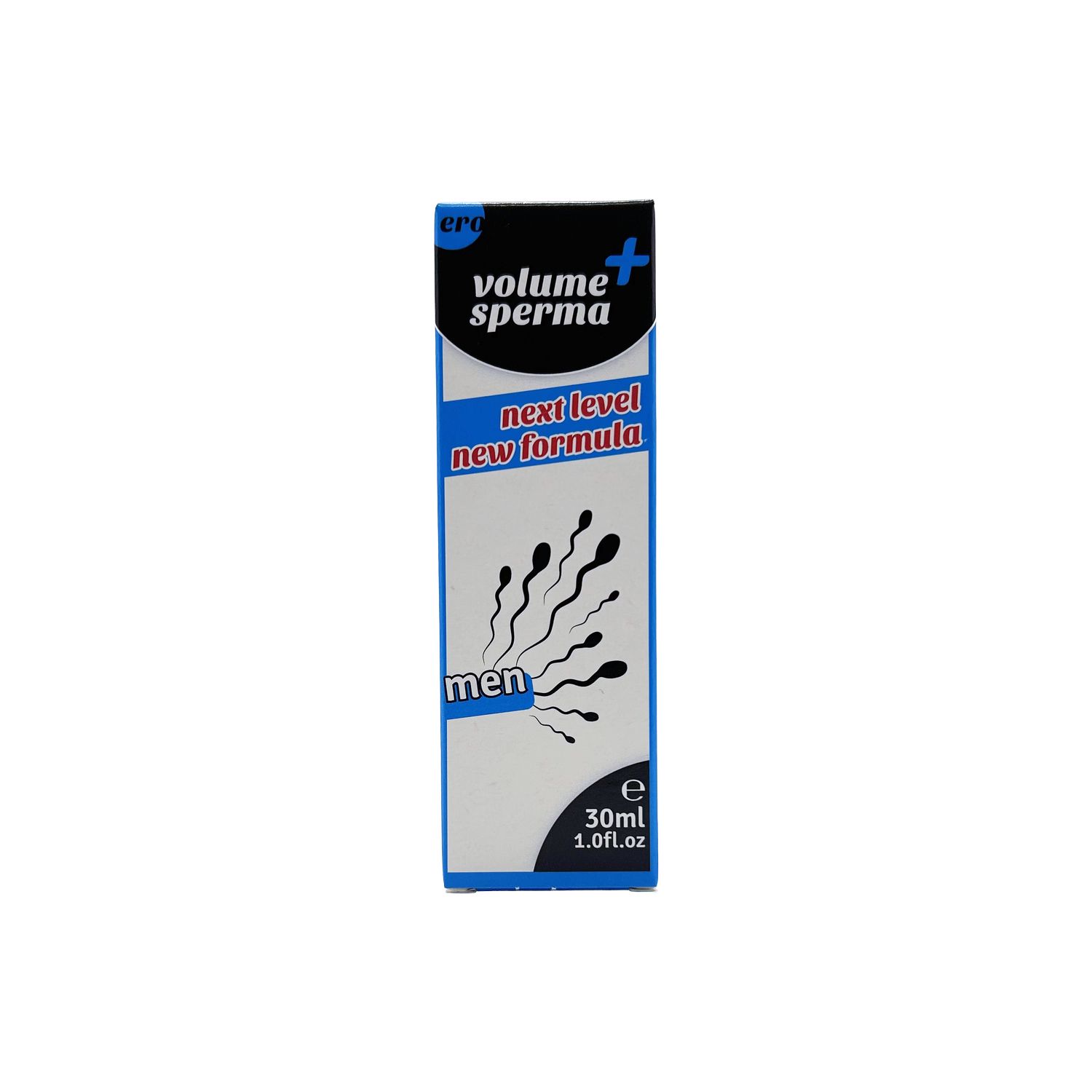 Scatola con simboli simili a spermatozoi, scritta 'volume sperma men' e 'next level new formula'.