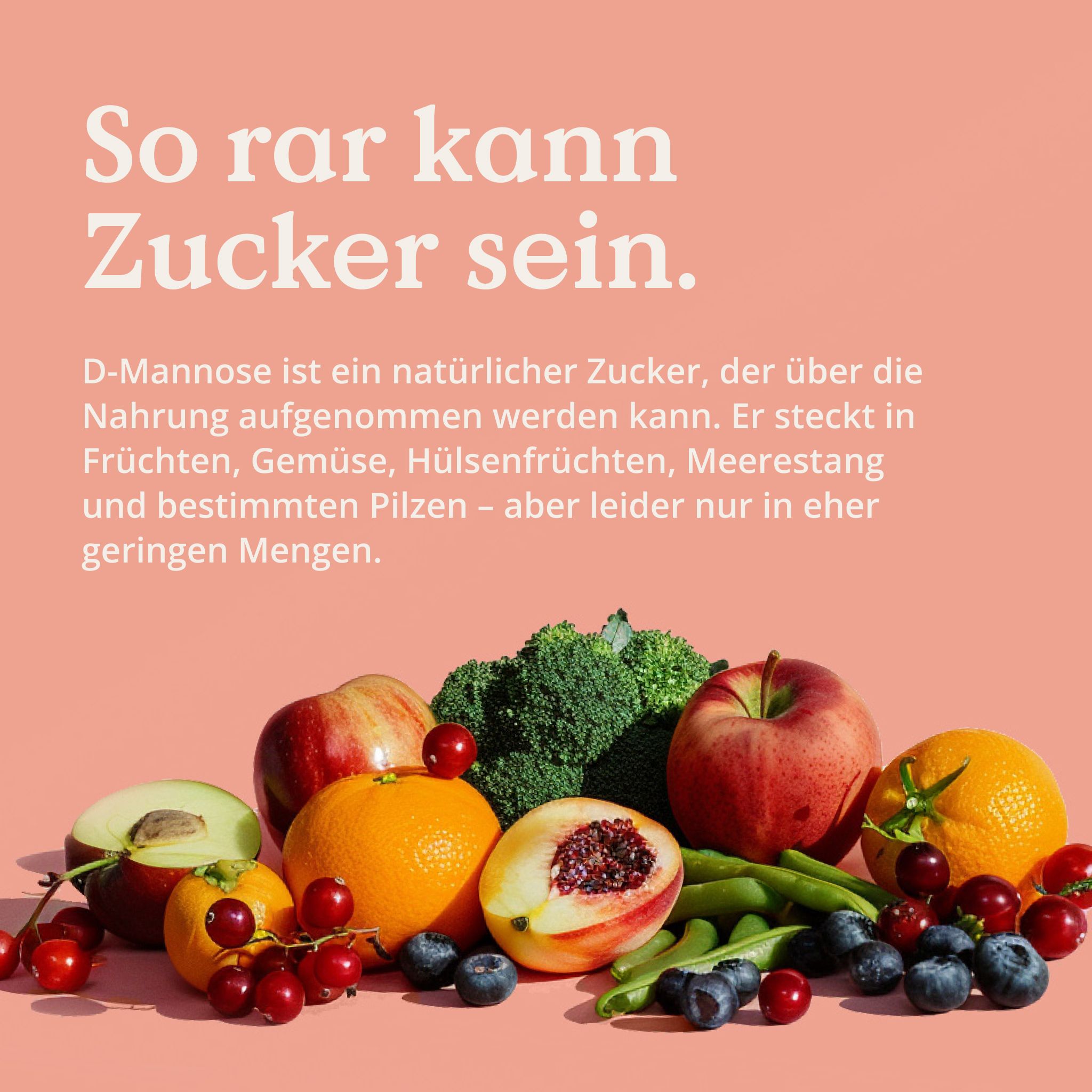Frutta e verdura: mele, arancia, pesca, bacche, broccoli. Testo: Lo zucchero può essere così raro.